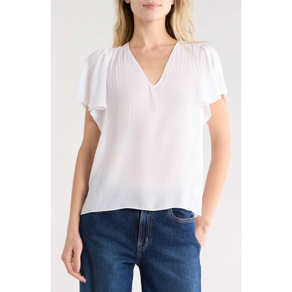 Ramy Brook NWT Bronta White Solid V-Neck Flutter Sleeve Blouse Woven S Msrp$325